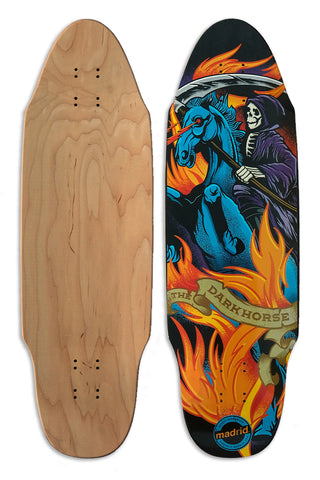 Madrid Performance Series The Dark Horse 31 skateboard deck: Shaped longboard deck showing the Grim Reaper in a purple cloak with a scythe, riding a blue horse with a glowing eye through orange flames, with a banner across the lower part. Bare wood underside shown beside it.