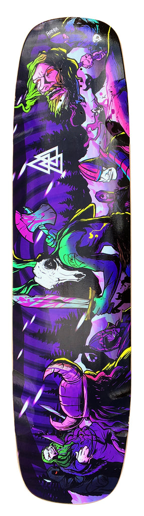 Valhalla Valhalla Berserker 39.25 skateboard deck: Vivid purple and neon fantasy illustration of horned and hooded figures, an axe-wielding bearded warrior and an animal skull, with a white triangular knot logo at the upper left.