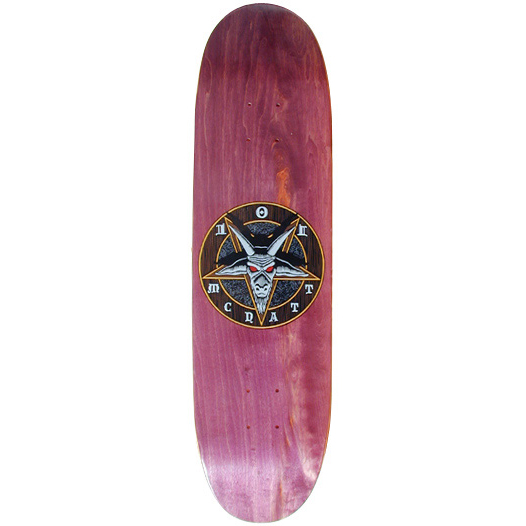101 Adam McNatt Pentagram skateboard deck: Purple-stained wood deck with a round emblem of a silver horned goat head with red eyes inside an inverted pentagram, ringed with the rider's name in gothic lettering.