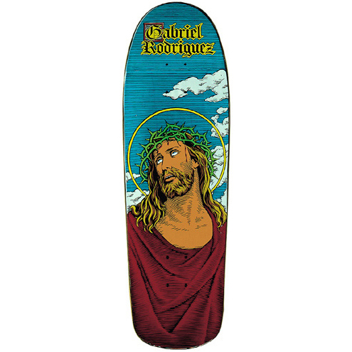 101 Gabriel Rodriguez Jesus skateboard deck: A bearded man with long hair, a crown of thorns and a gold halo, in a red robe, looking upward against a blue sky with white clouds. The rider's name is in gold blackletter at the top of the deck.