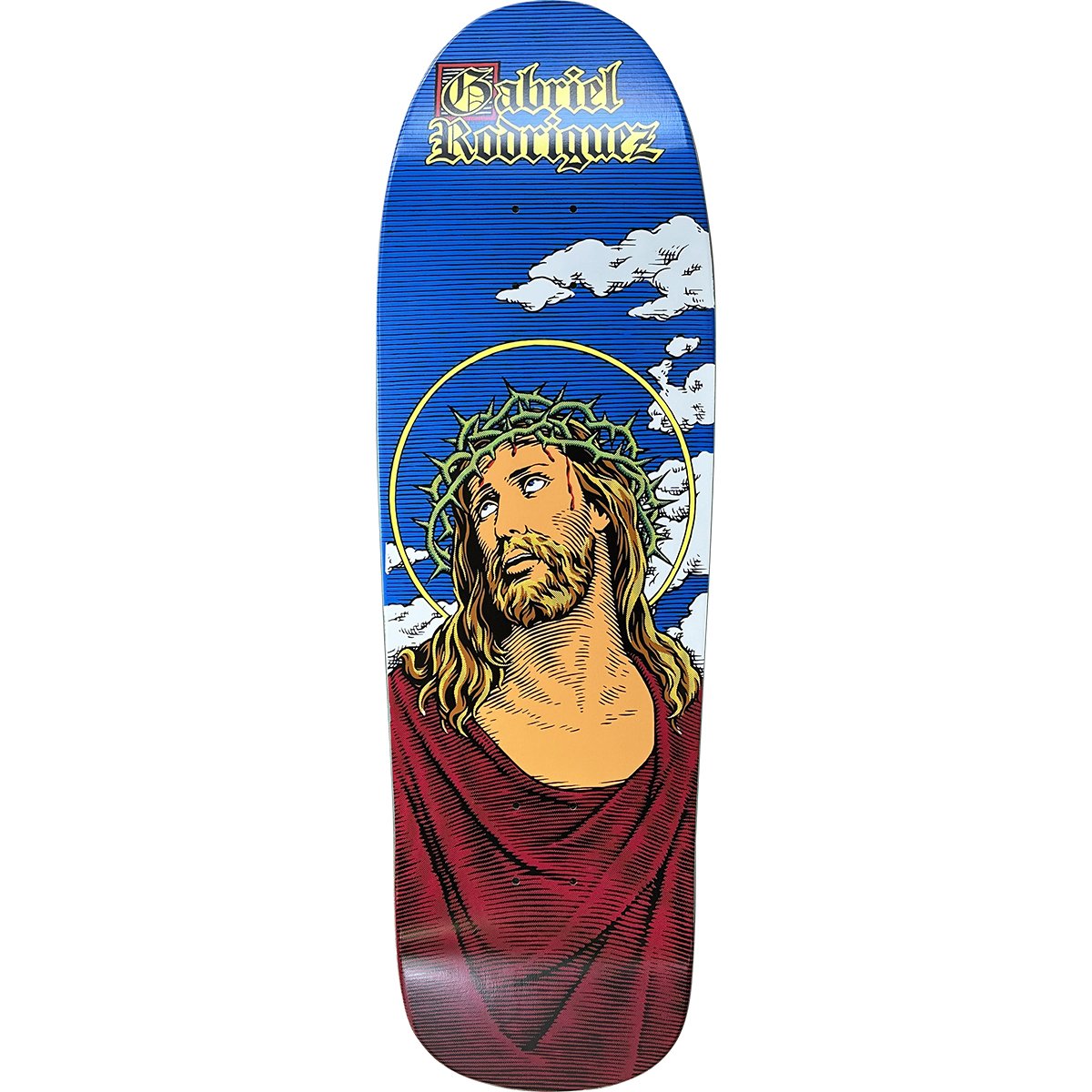 101 Gabriel Rodriguez Jesus reissue skateboard deck: Engraving-style illustration of Jesus in a crown of thorns with a yellow halo, looking upward in a red robe against a blue sky with white clouds. Gabriel Rodriguez is written in gothic lettering at the top of this old-school shape.