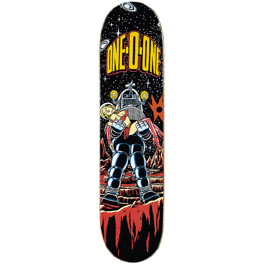 101 Girl with Robot skateboard deck: Retro sci-fi scene of a large metal robot carrying a blonde woman in a red outfit across a rocky red alien landscape under a starry sky with galaxies, with One-O-One in yellow lettering.