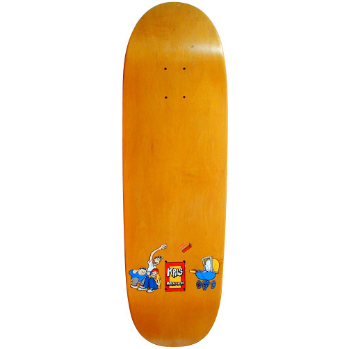 101 Kris Markovich Baby Boom skateboard deck: Orange stained old-school shaped deck with a small cartoon cluster near the tail: children and an adult throwing a firecracker, a red box carrying the rider name and a blue pram holding a lit bomb or television.