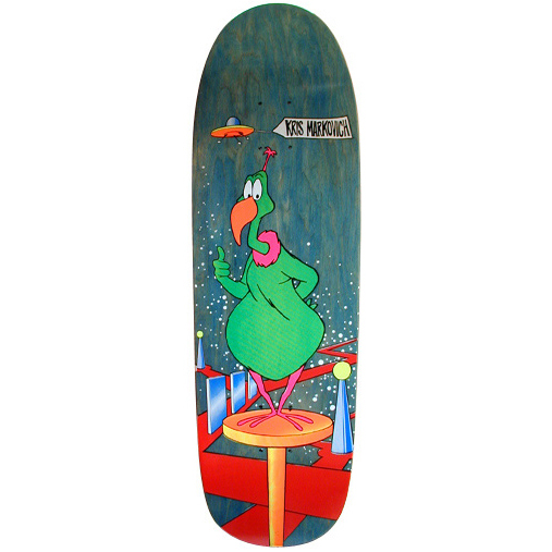101 Kris Markovich WB Ripoff Series skateboard deck: Cartoon green bird in the style of a classic animation character stands thumbs-up on a round pedestal in a starry space scene, with a flying saucer and a signpost reading the rider's name. Red platforms and blue pillars fill the lower part, on a blue-stained shaped deck.