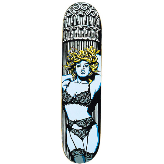 101 Medusa skateboard deck: A pin-up style Medusa in black lace lingerie and stockings with golden snakes for hair, leaning against a fluted classical column topped with snake-filled capitals.