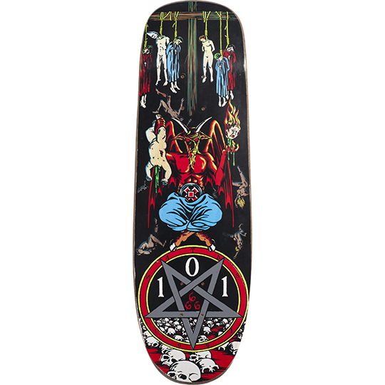 101 Natas Kaupas Devil Worship skateboard deck: Red horned devil sitting cross-legged in blue trousers above an inverted pentagram marked 101 and 666 in a red circle, with hanged figures above and skulls below. Detailed occult illustration on a black shaped deck.