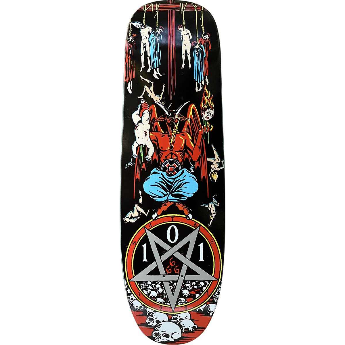 101 Natas Kaupas Devil Worship reissue skateboard deck: Red horned devil sits cross-legged above a pentagram marked 101, surrounded by skulls and hanging and floating nude figures, on a black deck.
