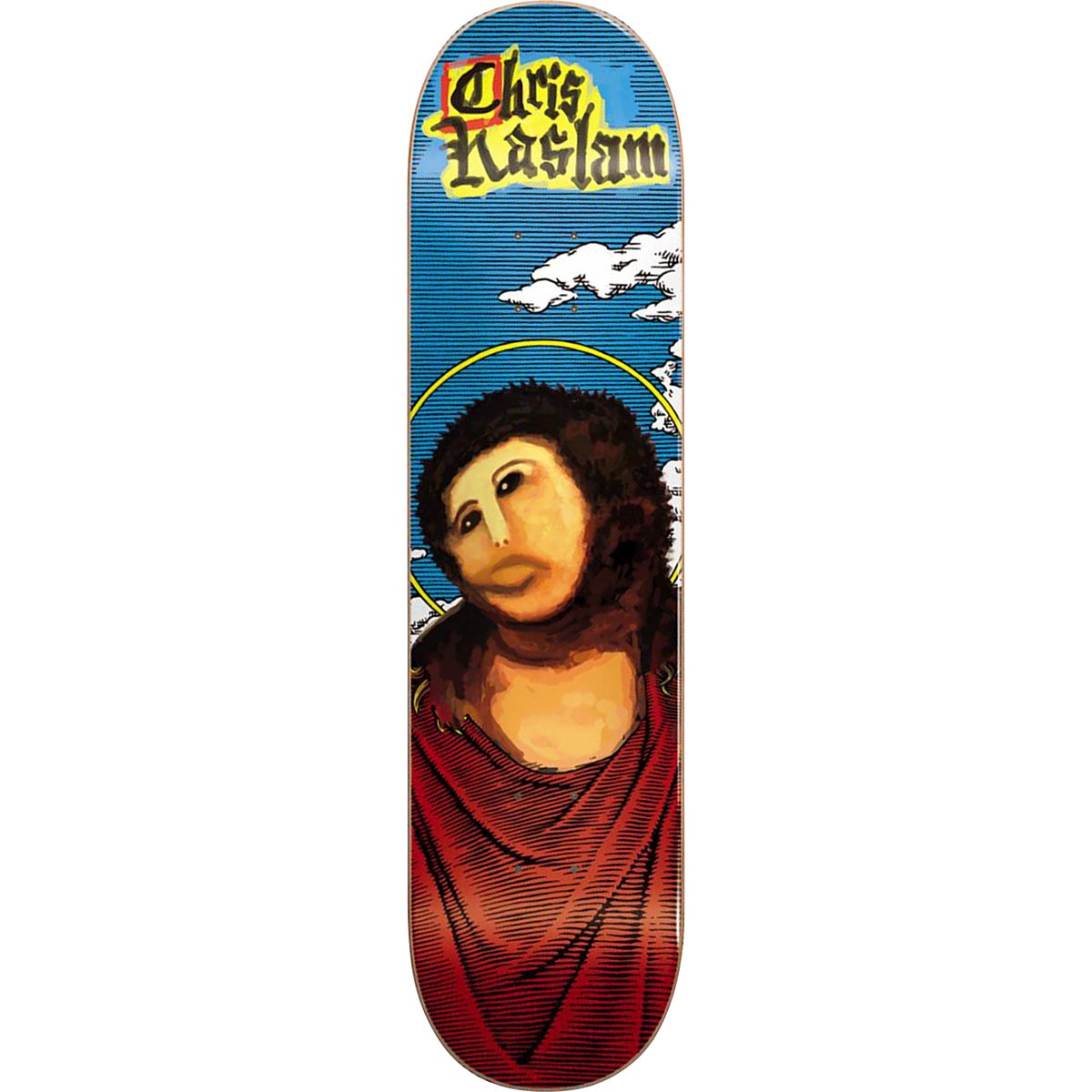 Almost Chris Haslam Restoration skateboard deck: Painting of a bearded figure with a halo and red robe against a blue sky with clouds, in the style of a badly restored fresco, with the rider's name in yellow-highlighted gothic lettering at the top.