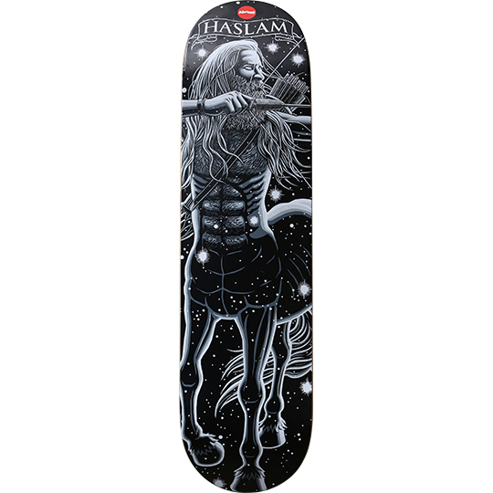 Almost Chris Haslam Zodiac Series skateboard deck: Black and silver illustration of a long-haired, bearded centaur archer drawing a bow among stars, in the manner of a zodiac constellation figure, with a banner of the rider's name at the top.