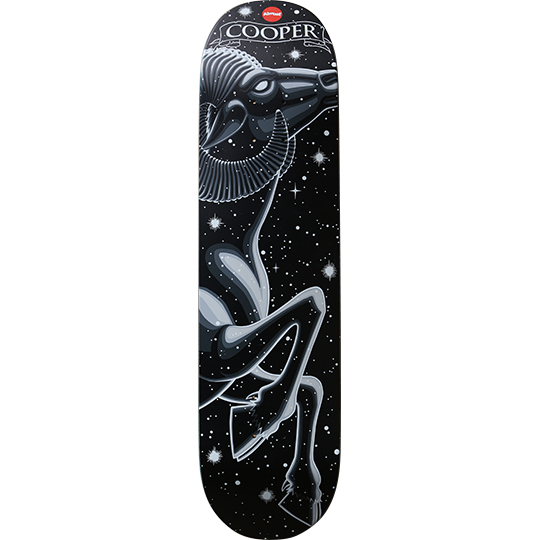 Almost Cooper Wilt Zodiac Series skateboard deck: Black deck of a night sky with scattered stars and a grey, white-lined ram with large curled horns rearing up on its hind legs, for the Aries zodiac sign. 'Cooper' on a banner at the top.
