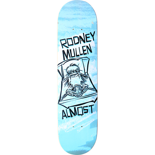 Almost Rodney Mullen Torture Boots skateboard deck: Black line cartoon of a person lying in bed under a sheet, hair over their face, feet in big boots, on a light blue painted background. RODNEY MULLEN is in blocky lettering above and ALMOST below.