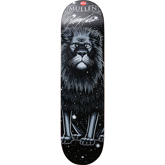 Almost Rodney Mullen Zodiac Series skateboard deck: Monochrome grey and black illustration of a seated lion facing forward against a starry night sky, with a banner reading Mullen and a signature across the top of the deck.
