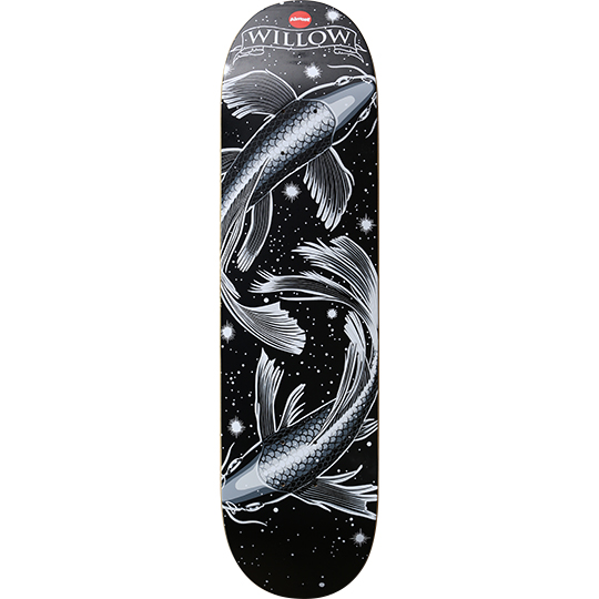 Almost Willow Zodiac Series skateboard deck: Two monochrome koi carp swirling around each other in a Pisces pose on a black starry background, drawn in silver-grey with detailed scales and flowing fins. Name banner at the top.
