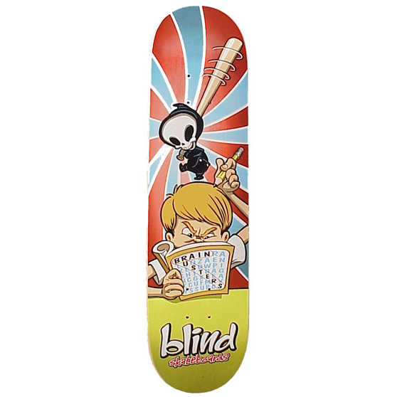Blind Brainbusters skateboard deck: Cartoon of a boy scowling over a word-search puzzle while a small reaper figure swings a spiked bat at his head, against red and blue sunburst rays. Blind logo at the bottom on a green panel.
