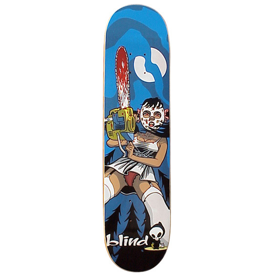 Blind Chainsaw Kitten skateboard deck: Cartoon woman in a white dress, stockings and bloodied hockey mask holding a blood-stained yellow chainsaw, in a moonlit blue forest. Blind logo and small reaper at the tail.