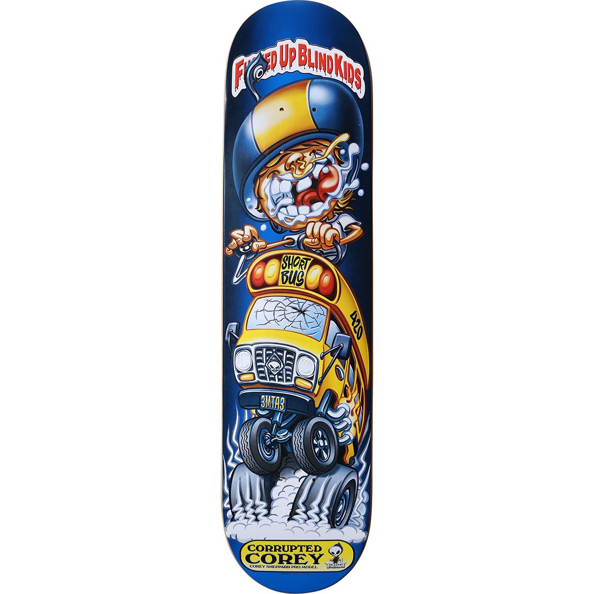 Blind Corey Sheppard Corrupted Corey skateboard deck: Cartoon in the style of trading stickers: a snarling, helmeted kid with a wrench rides a yellow school bus on monster-truck wheels with burning tyres, against a blue ground. A yellow name label sits at the bottom.