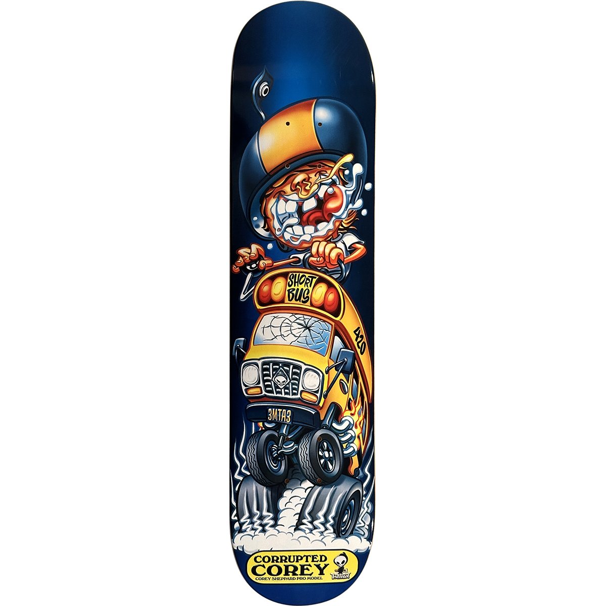 Blind Corey Sheppard Corrupted Corey (pg version) skateboard deck: Cartoon hot-rod style illustration of a grinning character in a helmet driving a yellow monster-truck school bus through smoke and tyre marks on a dark blue deck. A yellow label reads Corrupted Corey.