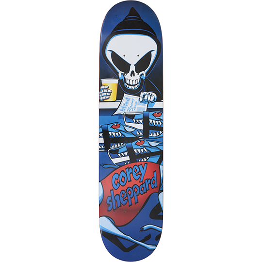 Blind Corey Sheppard Gambling Series skateboard deck: Blue-toned cartoon of the Blind reaper skeleton at a betting window holding a beer and a racing form, with three snarling shark-faced dogs in harnesses below. Red banner with the rider name.