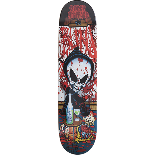 Blind Corey Sheppard Reaper Artist skateboard deck: A cartoon grim reaper with an angry skull face sits at a small table with an absinthe bottle and glass, in a room splattered with blood, with a gory mess at his feet. Blind is painted in red behind him.
