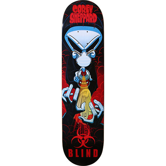 Blind Corey Sheppard Reaper SARS skateboard deck: A cartoon hooded Reaper wearing a face mask sprays a can labelled SARS, with pale blue hands reaching round it, against red smoke clouds on black. A red biohazard symbol sits above the Blind logo, with the rider's name dripping at the top.