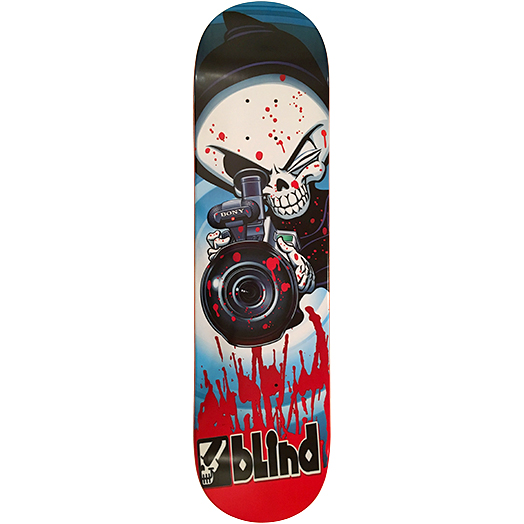 Blind Death Lens skateboard deck: Cartoon grim reaper skull in a black hood aiming a Sony camcorder at the viewer, with blood splatter and drips against a blue swirl, above the Blind logo on a red base.