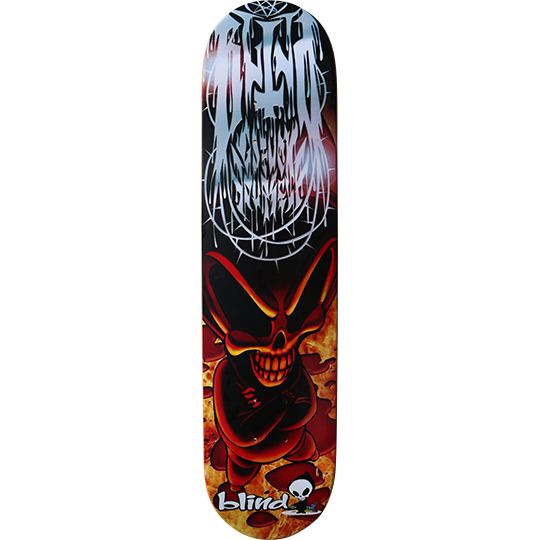 Blind Death Metal skateboard deck: A grinning red skull-faced devil, arms folded, stands in flames at the foot of the deck. Above it, a spiky death-metal style logo in silver-white is wrapped in a pentagram circle, and the Blind logo sits at the tail.