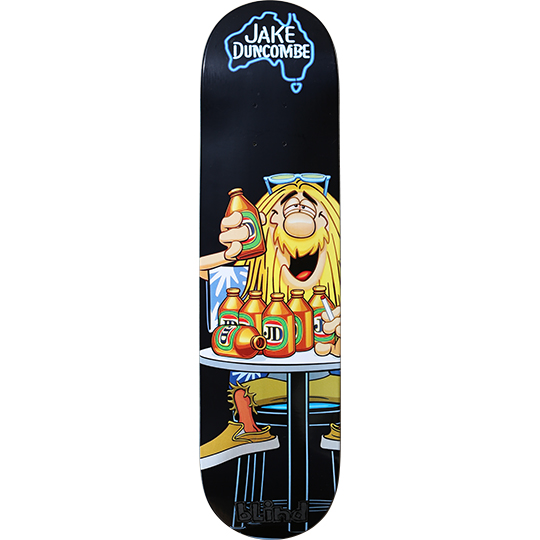 Blind Drunkombe skateboard deck: Cartoon long-haired blond man with sunglasses on his head sits at a round table with a row of JD-labelled beer bottles, holding one up and laughing. Neon-style Australia outline with Jake Duncombe at the nose.