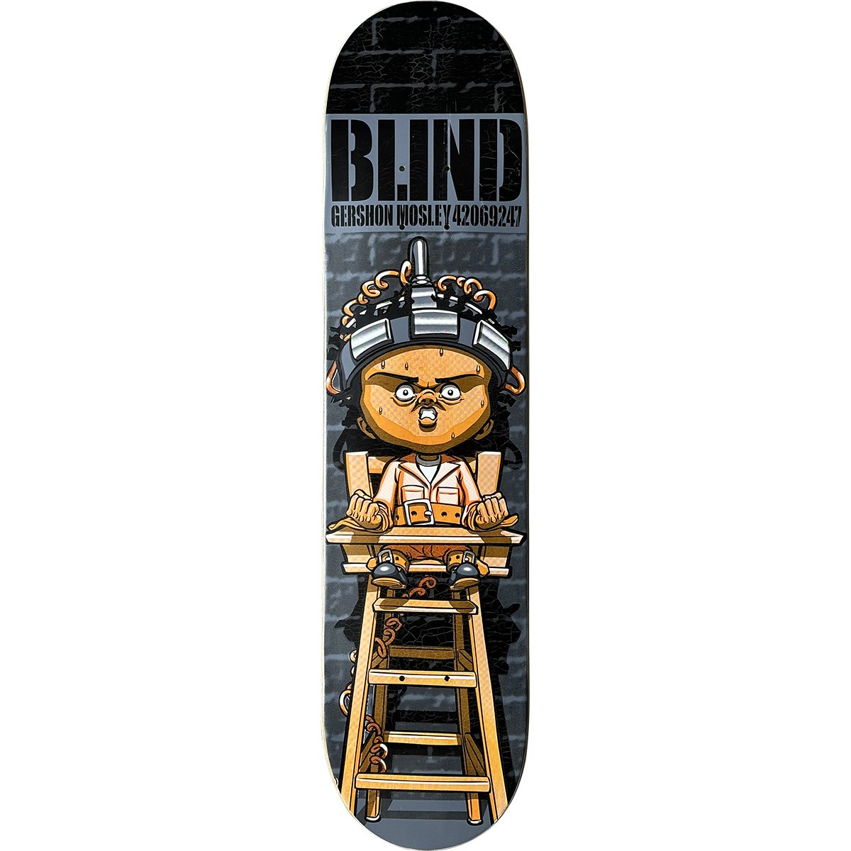 Blind Gershon Mosley High Chair skateboard deck: Cartoon child with curly hair strapped into a high chair on tall ladder legs, wearing a restraint helmet with spikes and grimacing, in front of a dark grey brick wall. Blind logo in stencil lettering and rider name with number at top.