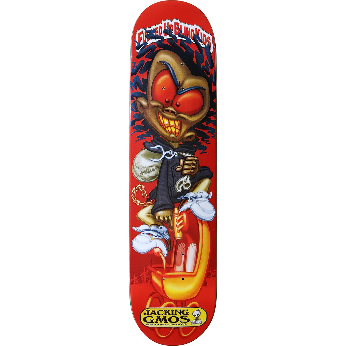 Blind Gershon Mosley Jacking GMOS skateboard deck: A grinning cartoon kid with big red eyes and dreadlocks, in a dark hoodie and white trainers, carries a sack and tips a yellow pram over. The art is in the style of a trading-card parody on a red ground.