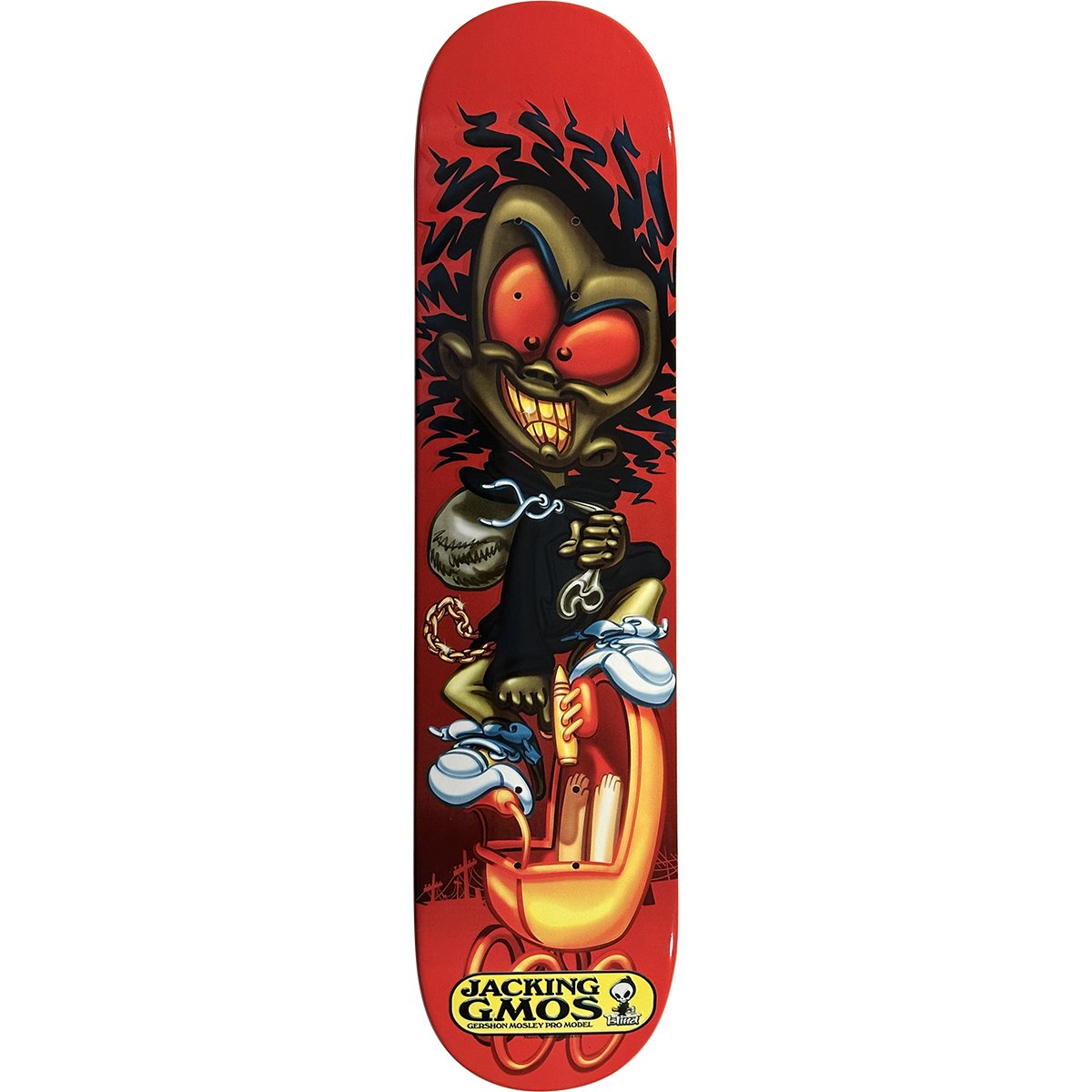 Blind Gershon Mosley Jacking GMOS (pg version) skateboard deck: Red deck with an airbrushed cartoon figure with a grinning dark face and red eyes, wild black hair and a sack over his shoulder, riding a yellow baby stroller. Yellow Jacking Gmos label at the tail.