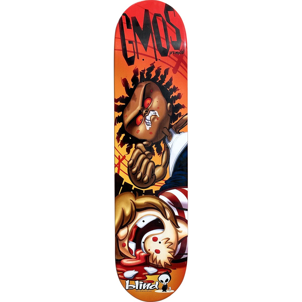 Blind Gershon Mosley Toothache skateboard deck: A cartoon figure with dreadlocks and red eyes stands over a screaming, bleeding blond boy lying on the ground, set against an orange and red gradient. The rider's initials are in dripping black lettering at the top.