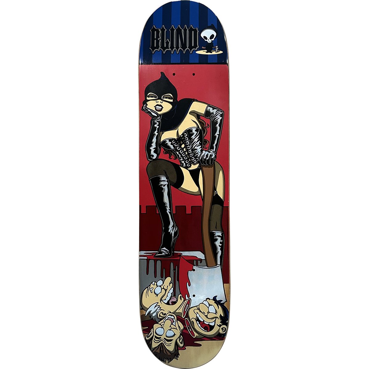 Blind Gideon Choi Executioner skateboard deck: A masked, leather-clad female executioner in a corset, gloves and thigh boots leans on an axe buried in a block, her boot in a pool of blood over three severed cartoon heads. Red background with castle battlements, blue striped nose.
