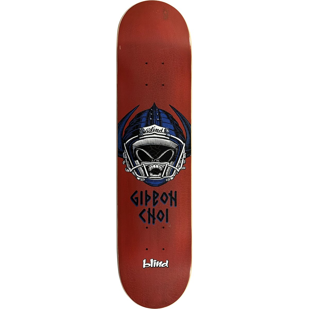 Blind Gideon Choi Jock Skull Reaper skateboard deck: Blind reaper skull wearing a blue American football helmet with face mask and horns, above the rider's name in runic style lettering, on a distressed red deck.