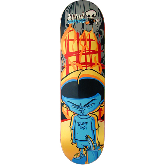 Blind Gideon Choi Pyro skateboard deck: Cartoon of a scowling blue-faced boy with a yellow bowl haircut holding a petrol can, with a red-barred structure burning behind him. Small Blind reaper logo and graffiti-style Blind lettering at the top.