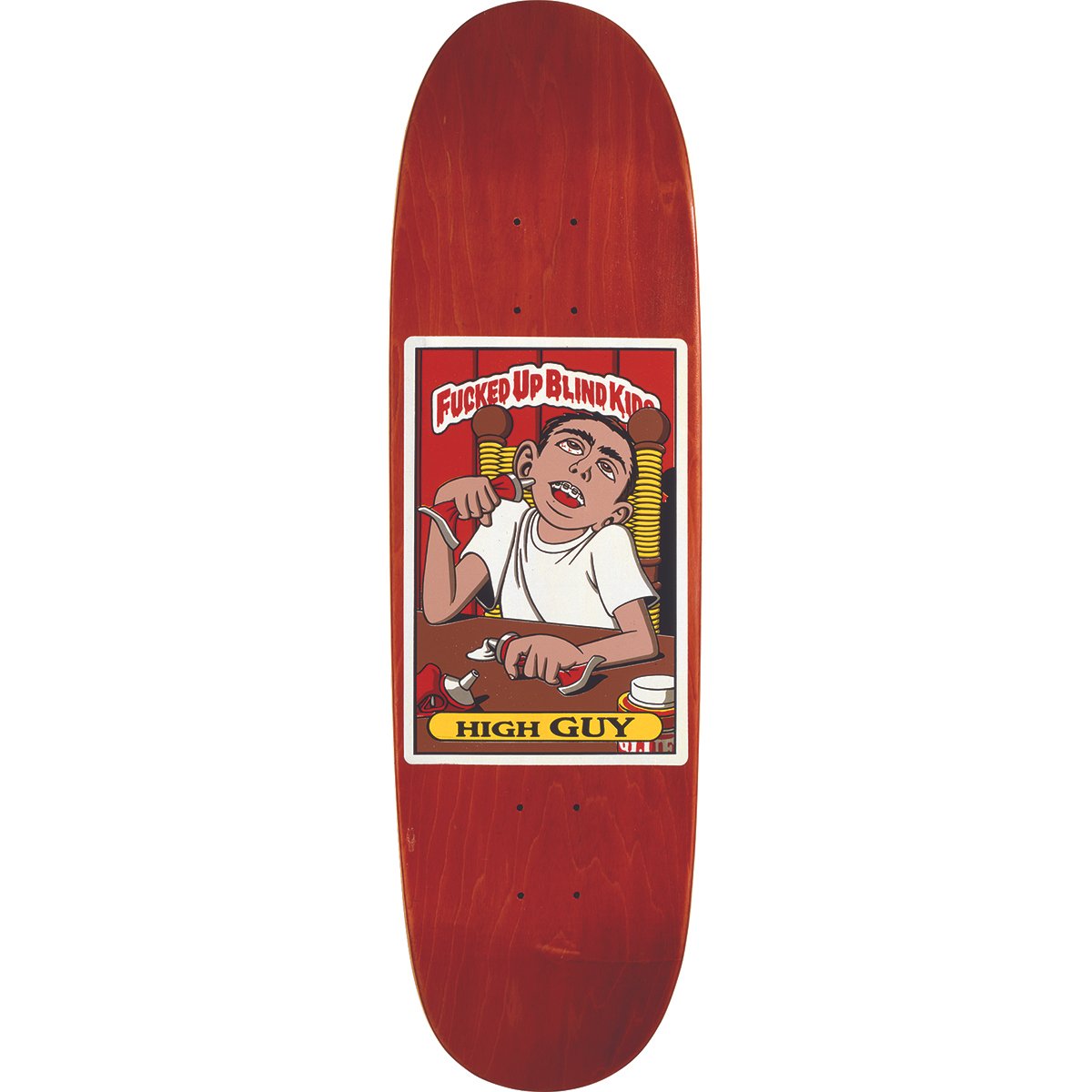 Blind Guy Mariano Fucked Up Blind Kids skateboard deck: A framed trading-card style illustration on a red-stained deck: a cartoon boy in a white T-shirt sits at a table with pliers and a wrench, eyes rolled back, with stacked coins behind him. Red banner title above, yellow caption plate below.