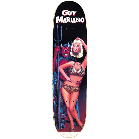 Blind guy Mariano The Devil and Jayne Mansfield skateboard deck: Painted scene of a red devil holding a trident, with his arm around a blonde woman in a leopard-print bikini, against a black background. The rider's name is at the top in cream and red lettering.