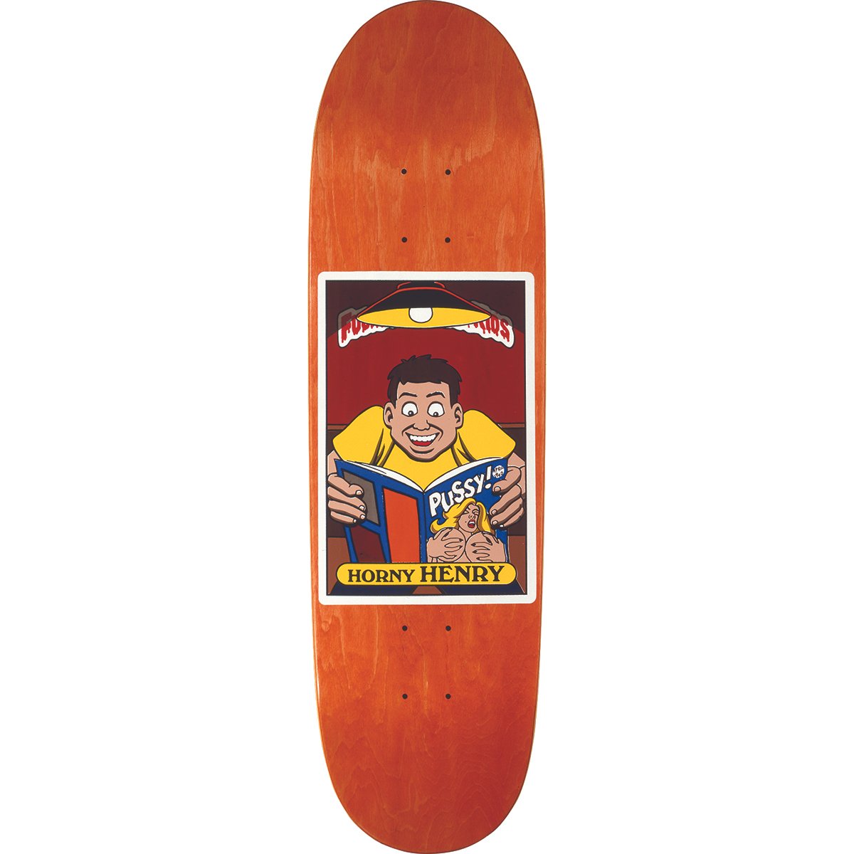 Blind Henry Sanchez Fucked Up Blind Kids skateboard deck: A framed trading-card style illustration on an orange-stained deck: a grinning cartoon boy in a yellow T-shirt reads an adult magazine beneath a hanging lamp, with a banner title above and a yellow caption plate below.