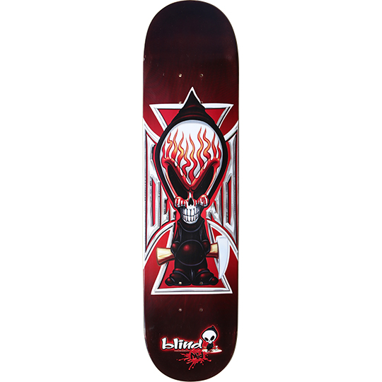 Blind Iron Cross skateboard deck: Dark red deck with a chrome Iron Cross behind a cartoon hooded reaper with a skull face and flaming hood interior, holding a scythe. Blind skull logo with red splatter at the tail.