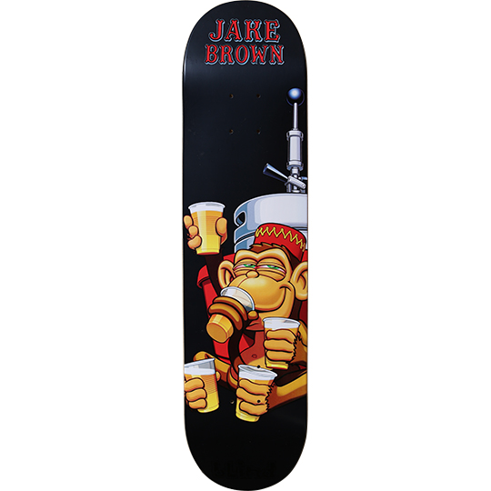 Blind Jake Brown Drunken Monkey skateboard deck: Cartoon monkey in a red bellhop-style hat and jacket, lounging against a beer keg with a tap and drinking from plastic cups of beer. 'JAKE BROWN' in red lettering at the top of a black deck.