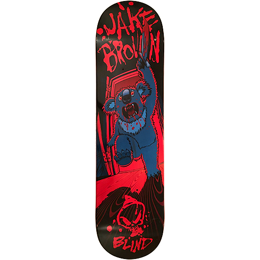 Blind Jake Brown Killer Koala skateboard deck: Blue koala with bloodied fangs bursts through a red doorway brandishing a knife, in a horror-film style. Dripping red JAKE BROWN lettering runs across the top and a Blind reaper skull logo sits at the tail, all on black.