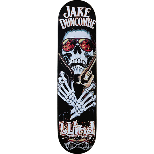 Blind Jake Duncombe Avenger skateboard deck: Skeleton wearing red-lensed sunglasses and a dark hood, crossing bony arms and holding two revolvers. White name lettering above and the Blind logo with Eternal Life below.