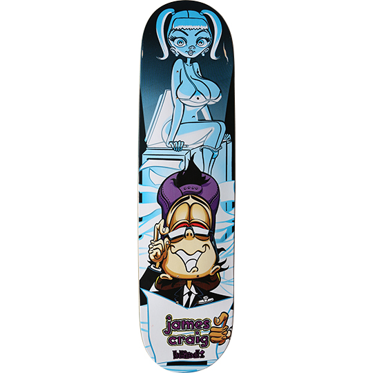 Blind James Craig Copy Machine skateboard deck: Cartoon of a grinning, blindfolded office worker in a suit and purple chair pointing upwards, with a large-breasted pigtailed girl in pale blue sitting on a photocopier behind him as paper streams out. Rider name and Blind logo at the tail.