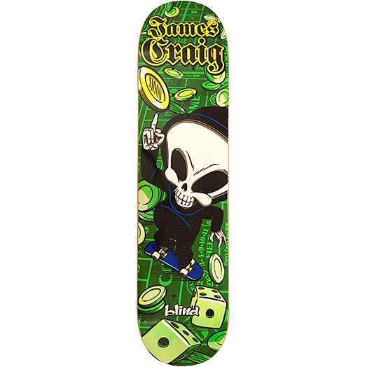 Blind James Craig High Roller skateboard deck: Blind reaper character on a skateboard, pointing upwards, surrounded by casino chips, dice and a craps table layout. 'James Craig' is in yellow gothic lettering at the top.