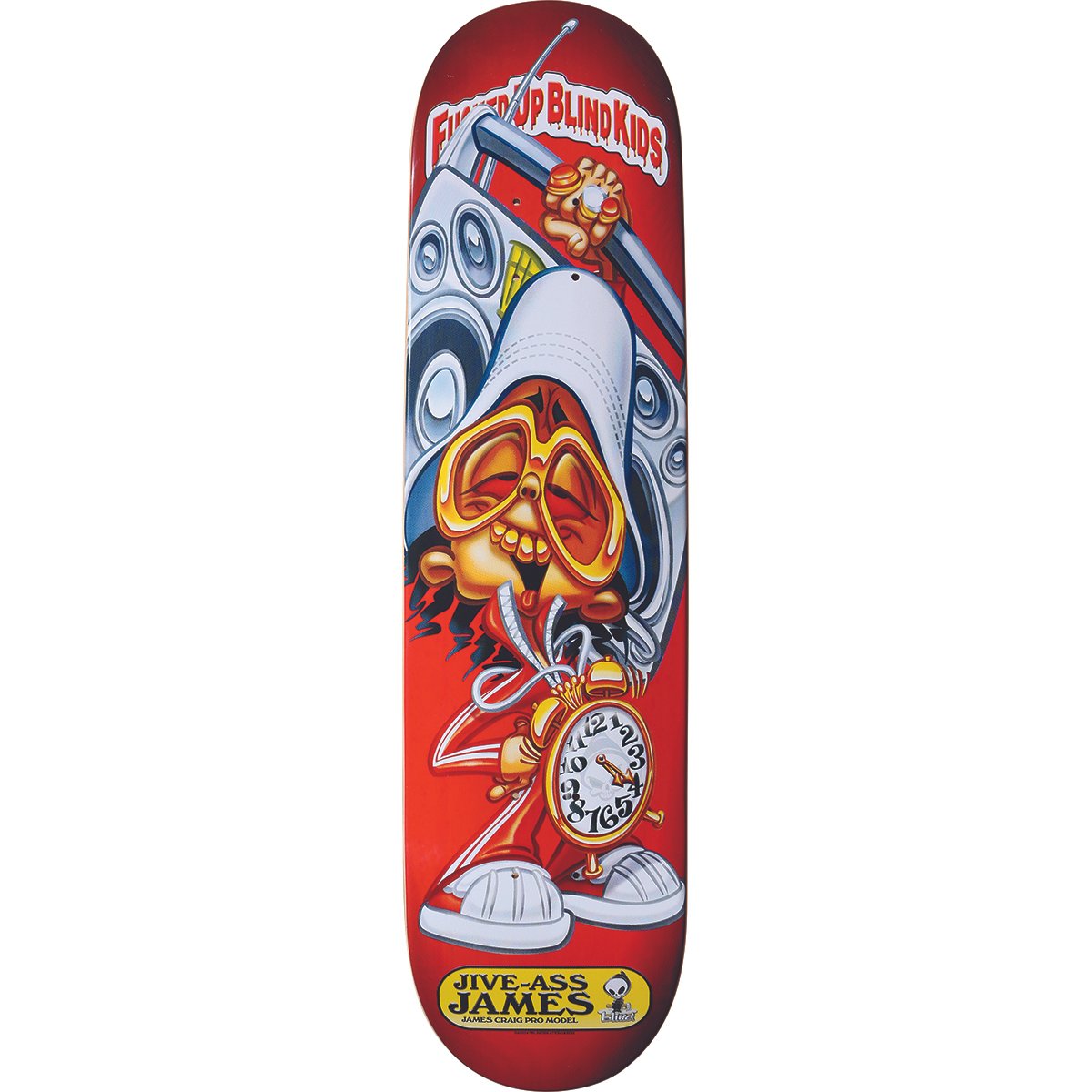 Blind James Craig Jive-Ass James skateboard deck: Cartoon character in a red tracksuit and white trainers, wearing a white cap and gold sunglasses, with a boombox and an alarm clock. The artwork imitates a trading-card style on a red background, with a yellow name plate at the bottom.