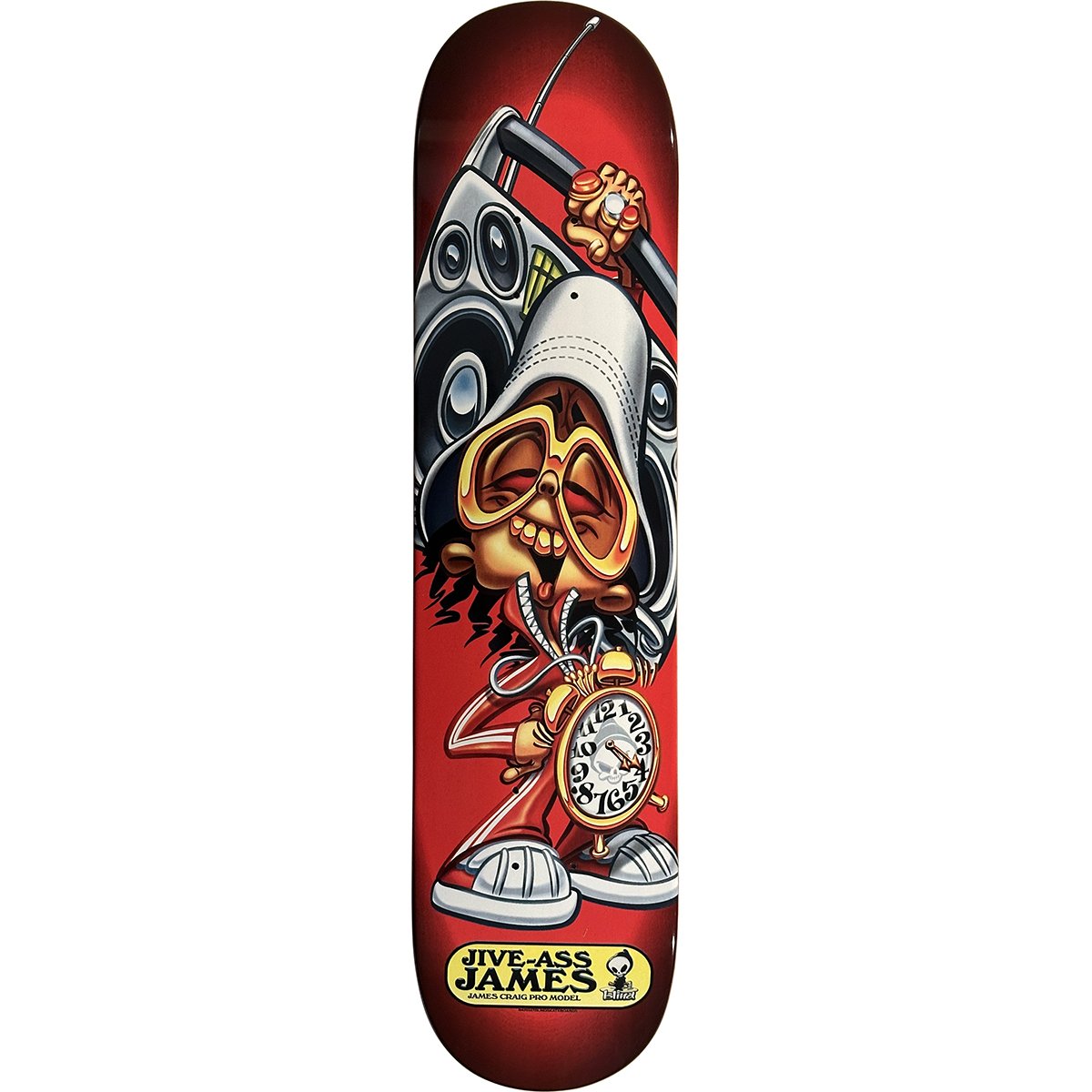 Blind James Craig Jive-Ass James (pg version) skateboard deck: Red deck with an airbrushed cartoon character in a white bucket hat and yellow-framed shades, hauling a boombox on his shoulder and holding a gold alarm clock, in white trainers. A yellow label reads Jive-Ass James.