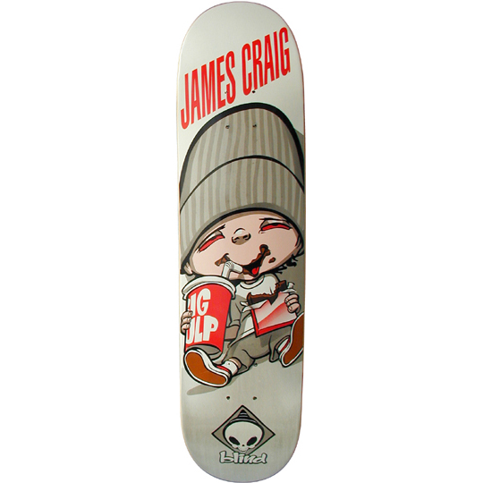 Blind James Craig Munchies skateboard deck: Cartoon baby in a grey beanie with glazed red eyes, sitting and sucking on a big red soft-drink cup while holding a half-eaten pizza box. Rider name in red at the top, Blind skull logo at the tail.