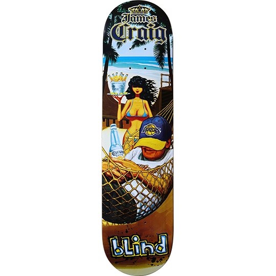 Blind James Craig Paradise (unreleased) skateboard deck: A painted beach scene of a man in a Lakers cap lying in a hammock with a Corona bottle, while a woman in a bikini holds a tray of beers behind him, with palm trees and sea beyond. Rider name in gothic type at top and Blind logo at the bottom.