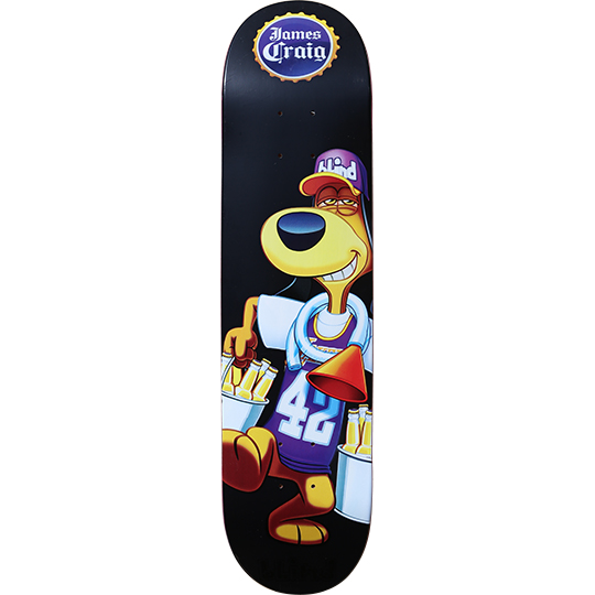 Blind James Craig Party Pooch skateboard deck: A grinning cartoon dog in a purple Blind cap and number 42 jersey with a towel round its neck, carrying two buckets of beer bottles and a megaphone, on a black deck with a bottle-cap logo at the top.