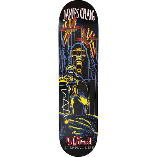 Blind James Craig Puppet skateboard deck: Skeletal puppeteer with sunglasses and a hooded cloak working marionette strings from wooden crosses, controlling a figure drinking from a bottle while holding a cigarette. Rider name at the top, Blind logo at the bottom.