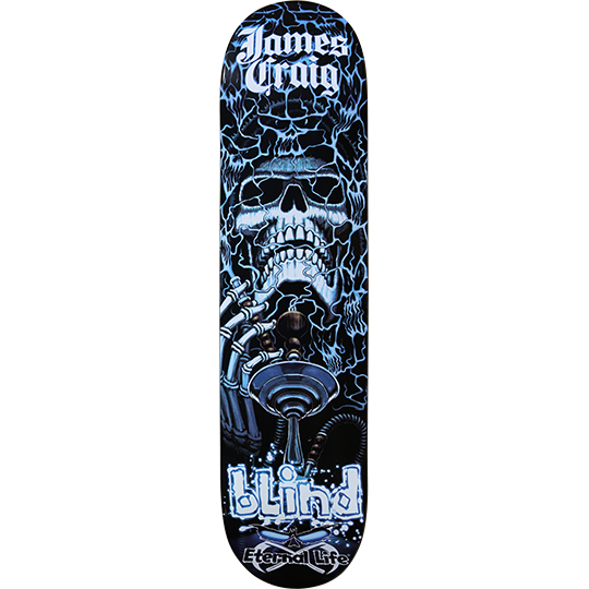 Blind James Craig Purple Haze skateboard deck: Hooded skull exhaling smoke while a skeletal hand holds a hookah pipe, rendered in electric blue and white with lightning-like cracks on black. Rider name in gothic lettering at the top and Blind logo at the bottom.